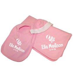 C06106 - New Baby Girl Rattle and Bow Personalized Blanket and Bib Gift Set